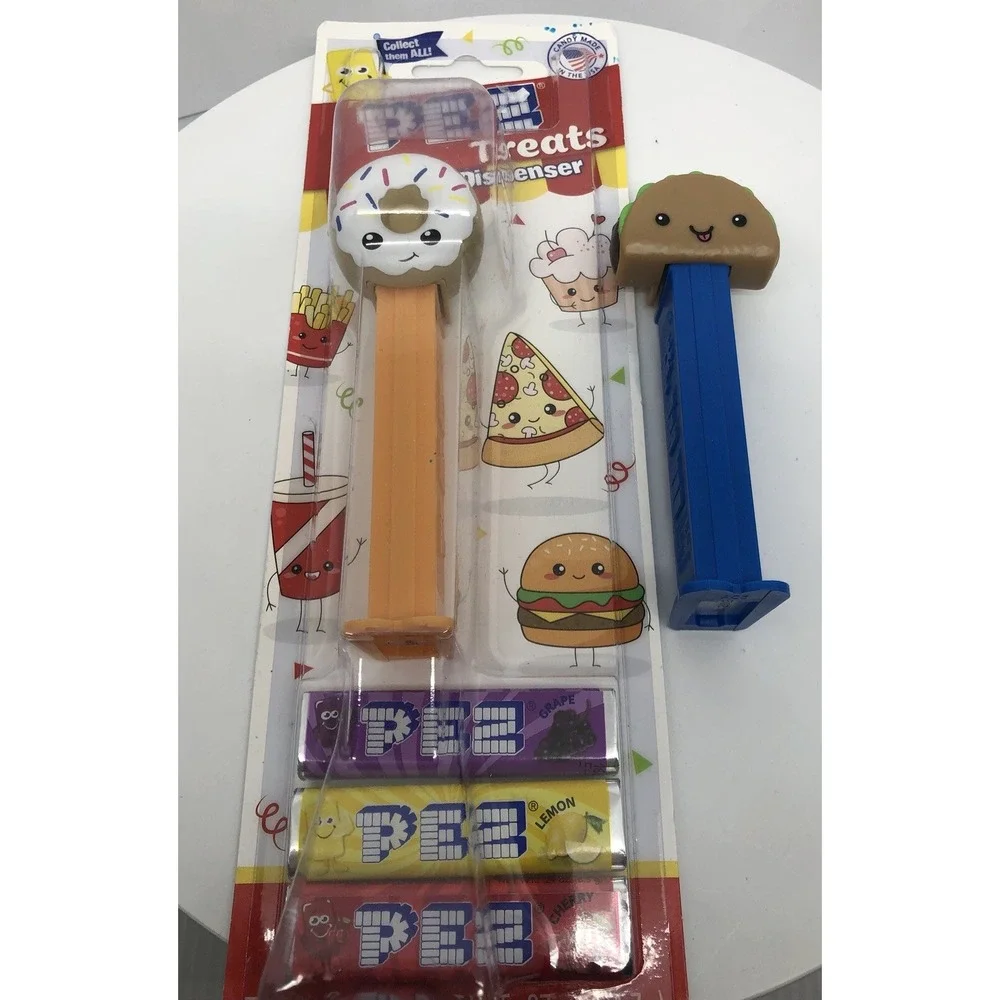 PEZ Treats Collectable 2 pack Candy and Dispensers Donut and‎ Taco Emoji Style